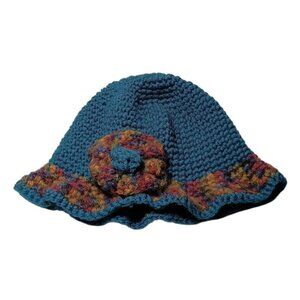 VTG Crochet Clochette Flapper Hat Hand Made Teal Blue with Multi-color Flower